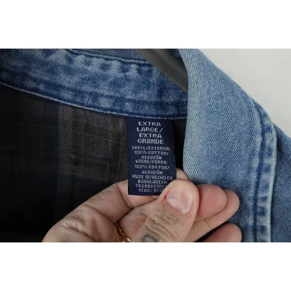 Vtg 90s Streetwear Mens XL Faded Flannel Lined Denim Jean Button Shirt Jacket - Picture 12 of 16